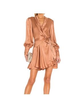 Zimmermann Copper Blush Satin Wrap Mini Dress
